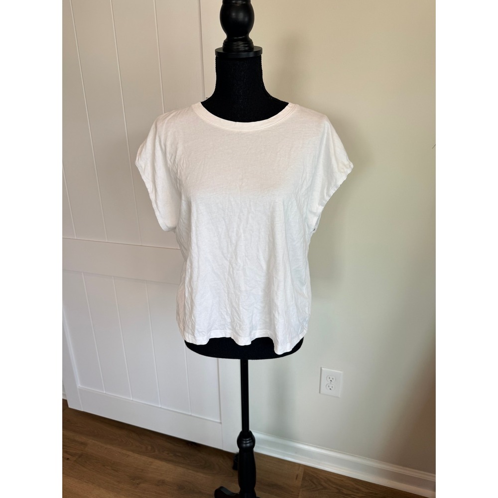 Zara Basic White Boxy Cap Sleeve Cotton T-Shirt Womens Size L Solid Crew Neck
